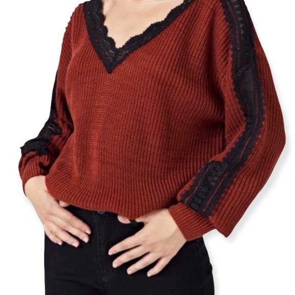 SHEIN Copper Knit Off-the-Shoulder Lace V-Neck Sweater - Picture 1 of 6